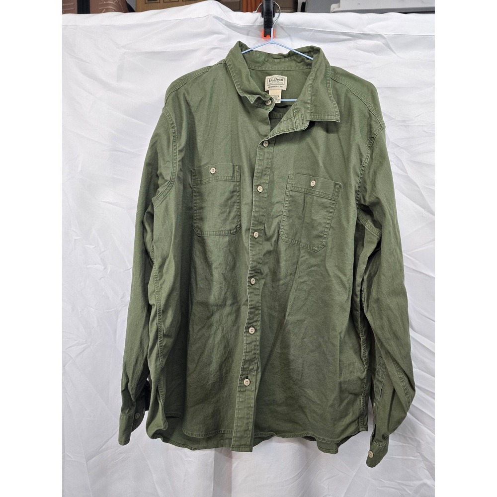 LLBean Mens Traditional Fit Long Sleeve Button Up Shirt Olive Green XL Cotton